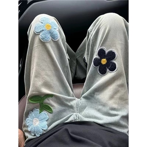 花朵牛仔裤男秋季小众微喇裤春秋美式高街直筒裤子N8866-P50图片