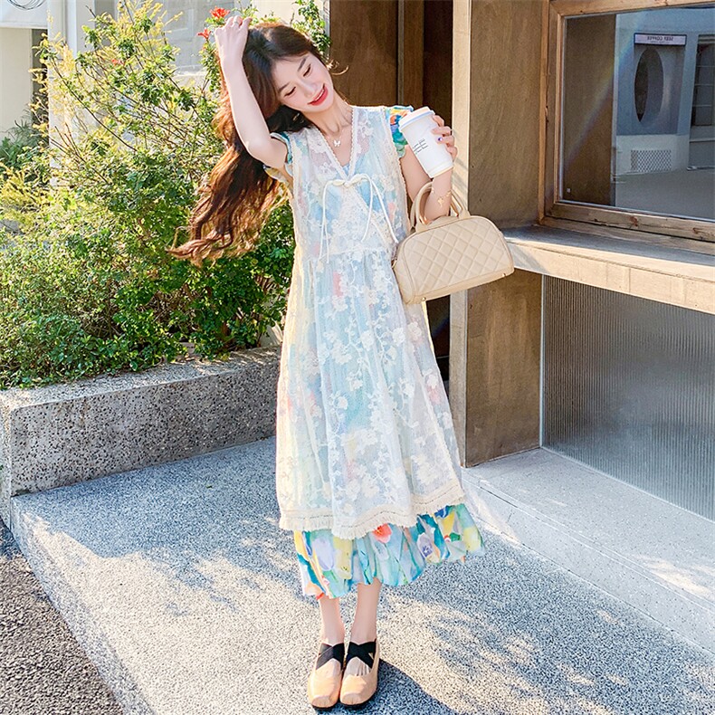 2025新款夏装小飞袖度假风两件套连衣裙2521-P175控258,女装连衣裙,2D009