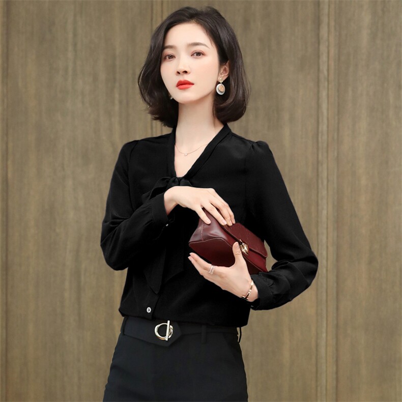 2025春装蝴蝶结真丝衬衫女长袖纯色桑蚕丝上衣衬衣通勤飘带小衫,女装衬衫,阿舍尔精品