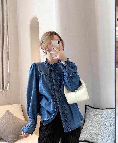 喇叭袖花边水洗牛仔大版衬衣，其它，新袖