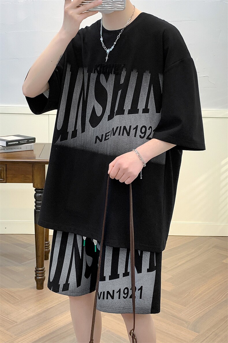 2024夏上新潮印花运动半袖套装牙刷绣短裤T恤男女6637-P60控价88,男装T恤,电商A441-1