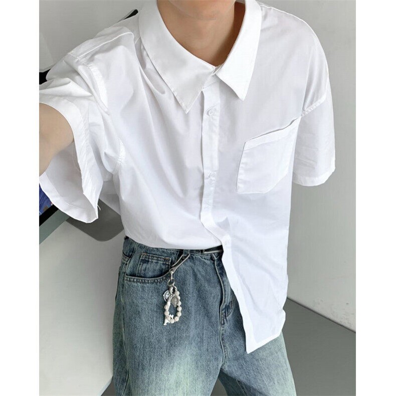 日系夏季五分短袖衬衫宽松休闲百搭纯色简约男衬衣CK218P36,男装T恤,星座1013-1