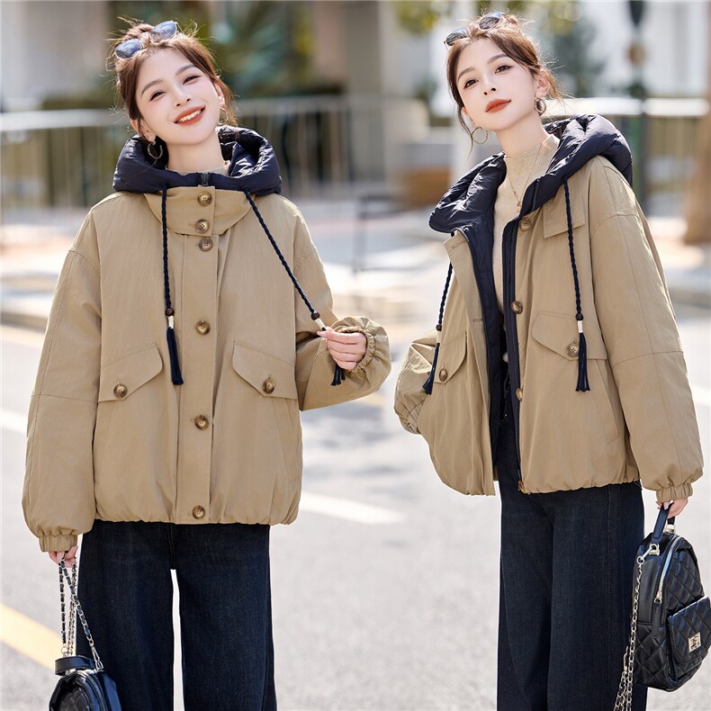 90白鸭绒宽松大版休闲拼接工装派克假两件连帽羽绒服,女装羽绒服,采品优优