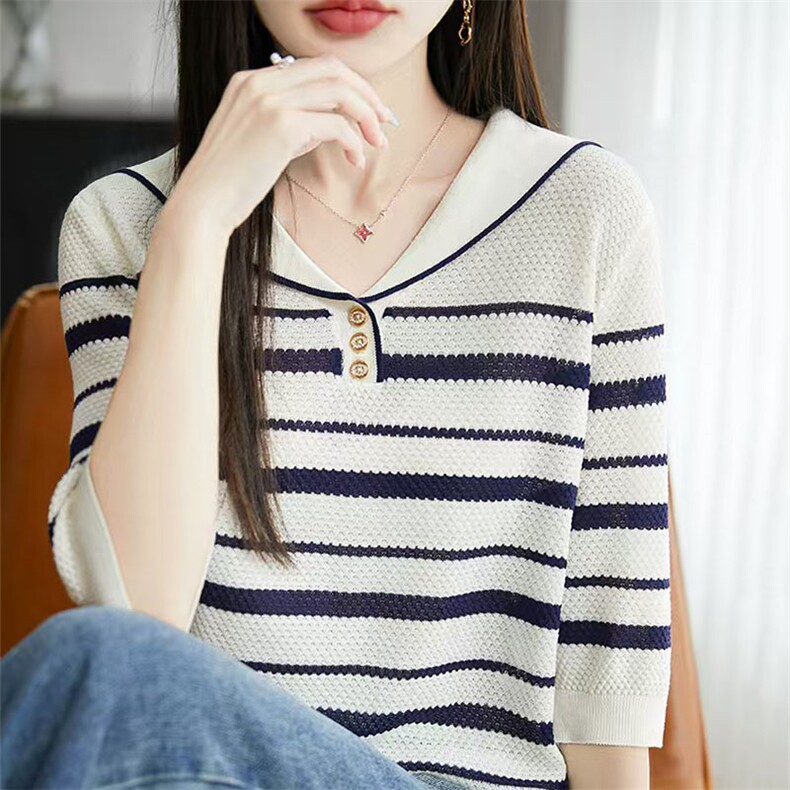 春夏薄款针织女翻领套头海军领休闲条纹宽松女短袖T恤轻薄长袖潮,女装T恤,萱芳婷羊绒
