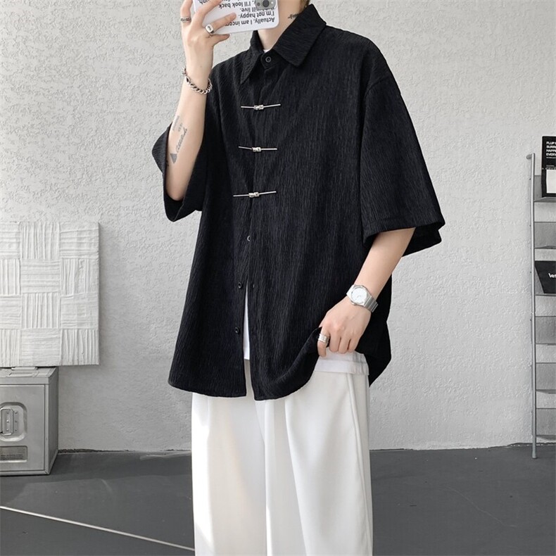 手缝飞机扣新中式冰丝短袖衬衫大码高级感唐装衬衣外套DC5009/P50,男装衬衫,电商B238