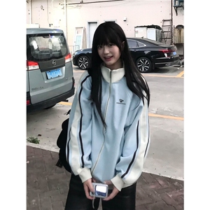 学院风潮酷撞色立领外套男女秋冬季加绒情侣宽松插肩袖开衫卫衣图片