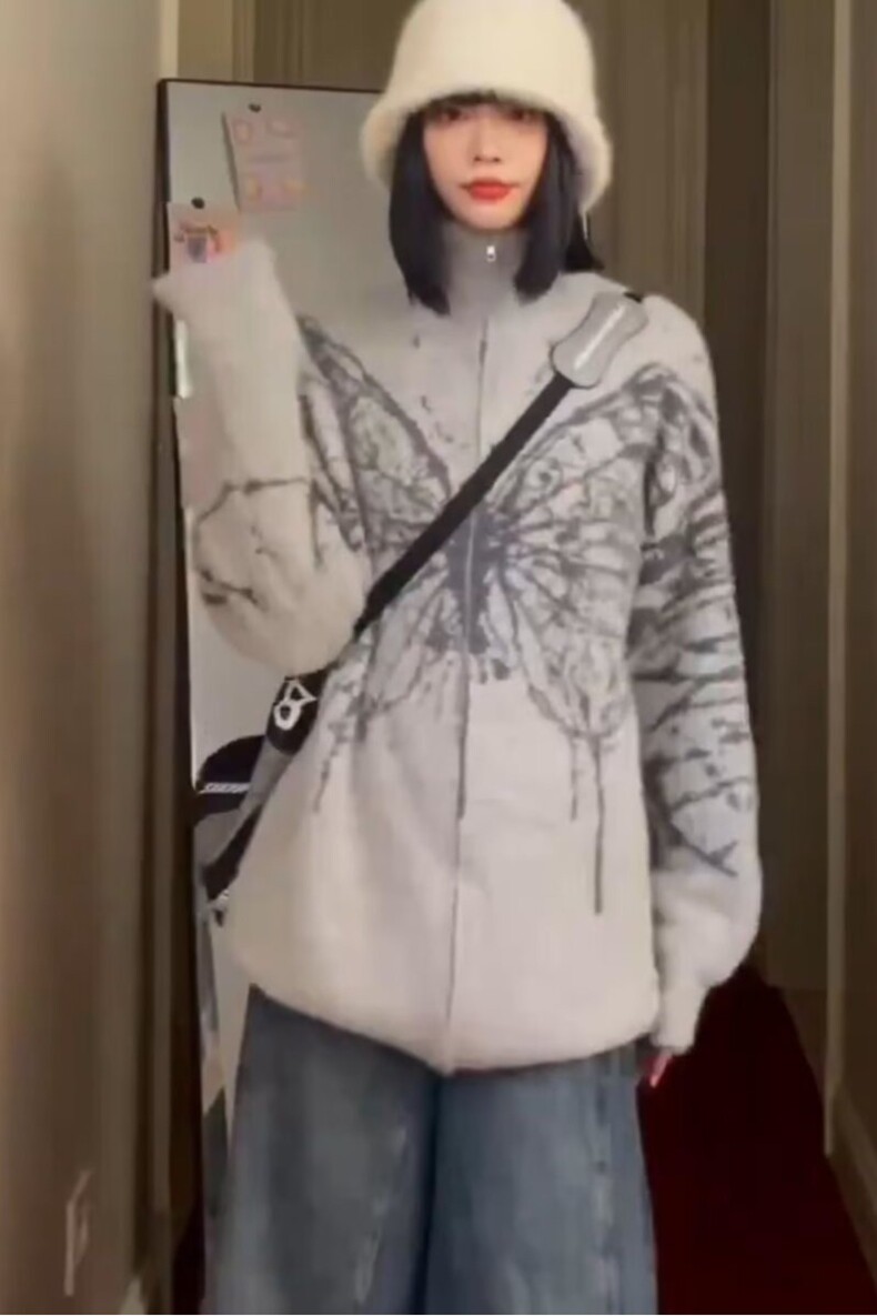 美式复古蝴蝶提花拉链开衫毛衣男女冬季潮牌街头慵懒宽松针织外套,针织衫/毛衣,星座218-8
