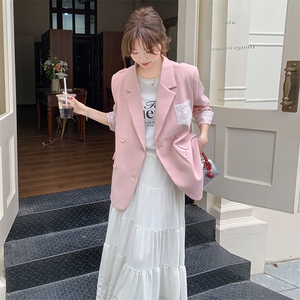 粉色蕾丝拼接西装外套女春秋2025新款爆款超火西服独特漂亮设计感图片