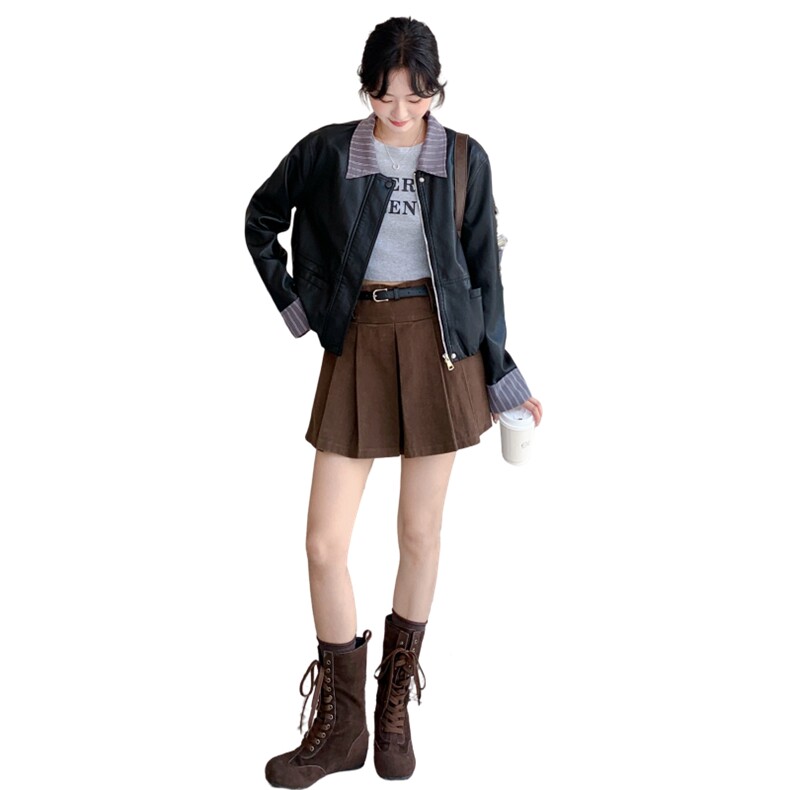 黑色假两件皮衣外套女2025年秋季新款韩系设计感休闲短款pu皮夹克,女装套装/套裙,2D148