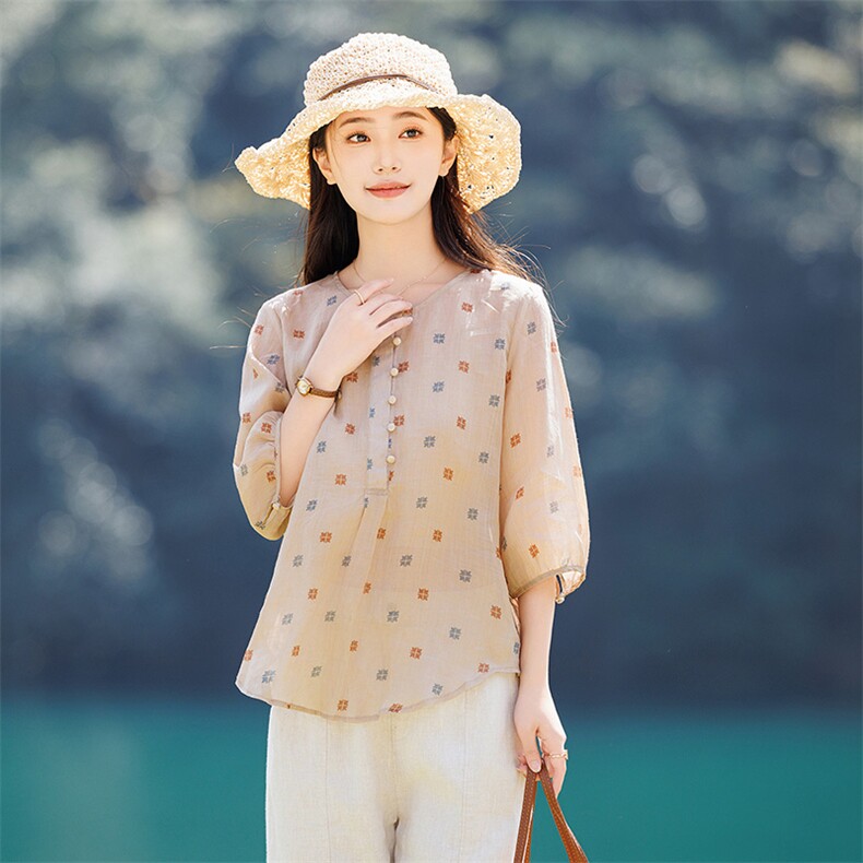 2026年夏春季女短袖苎麻文艺/优雅文艺风,女装衬衫,江南依恋