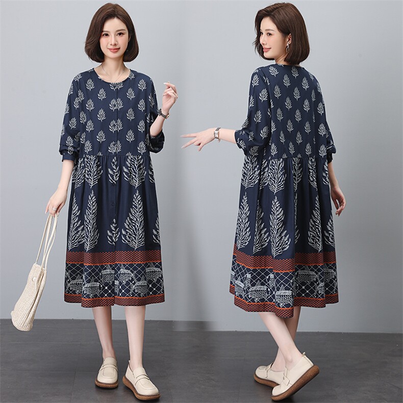 圆领气质提花长袖连衣裙2025春季洋气减龄中长款A字休闲裙，女装连衣裙，江忆布依