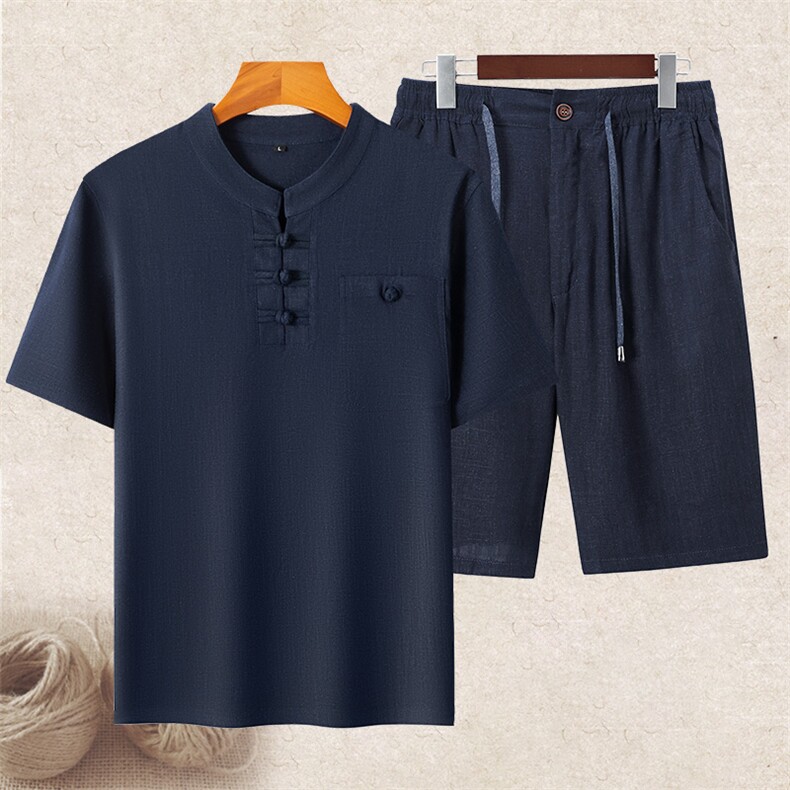 长期货夏装男士风亚麻短袖套装中老年爸爸装亚麻盘扣套装，男装T恤，钱塘723