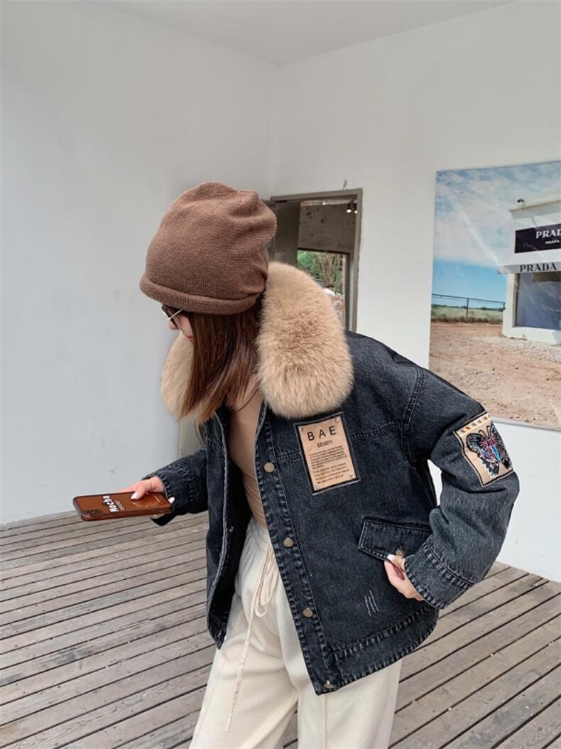 贴标牛仔羽绒外套狐狸毛领，其它，转角爱尚