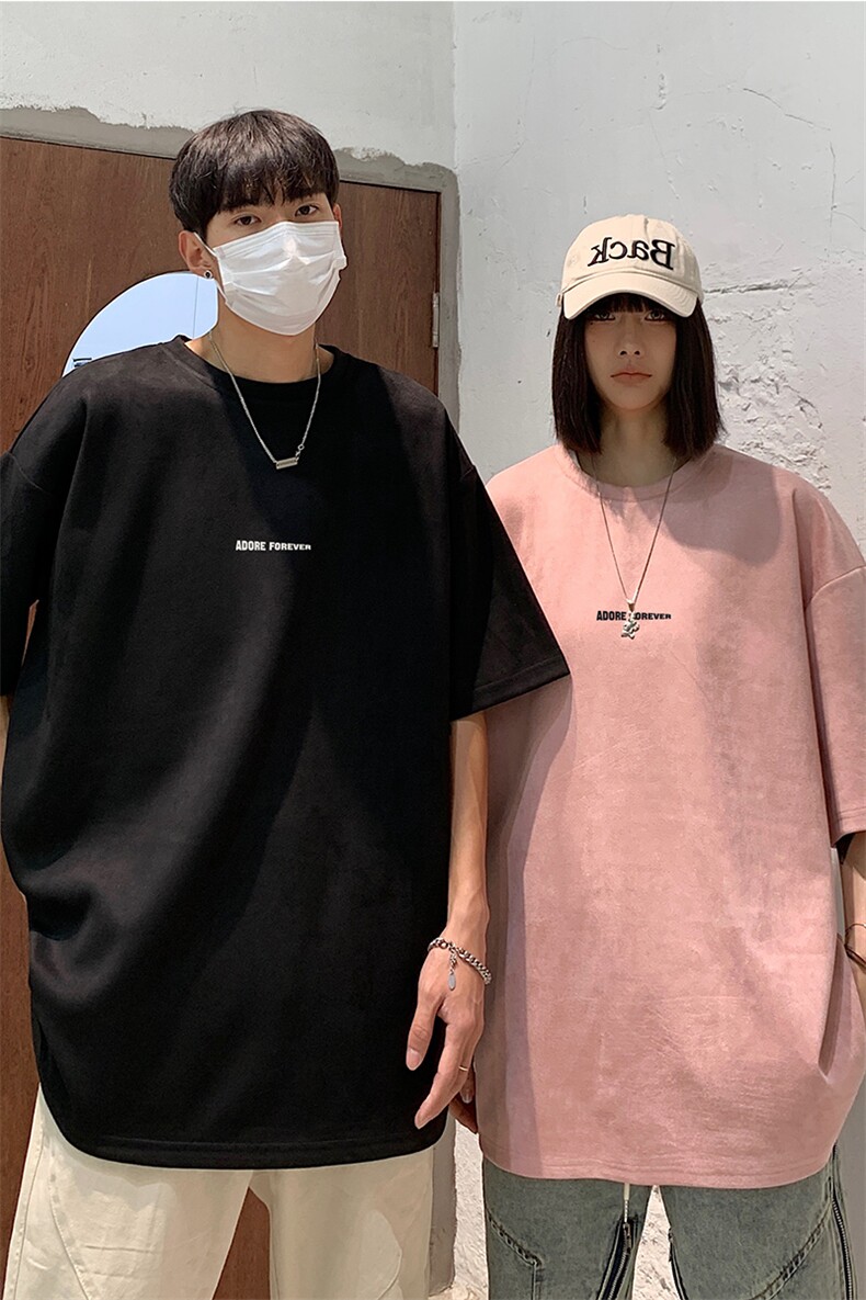 港风2026夏装麂皮绒情侣装半袖上衣潮男装夏季宽松短袖T恤S210P28,男装T恤,电商A233-1