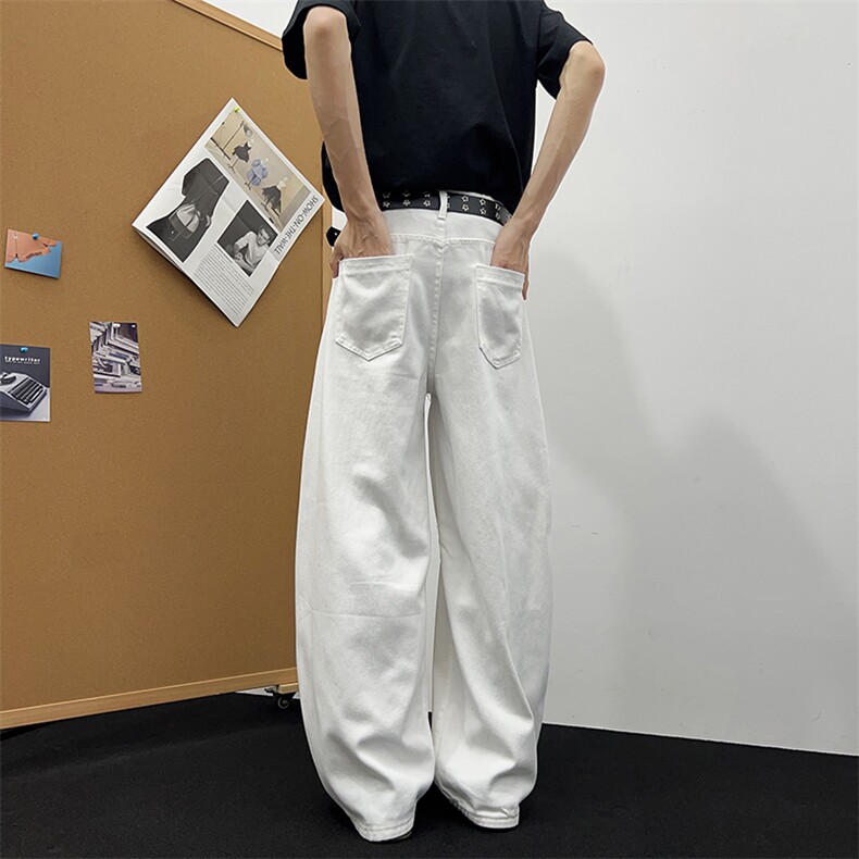 高街打褶白色牛仔裤男潮牌设计感阔腿弯刀裤美式嘻哈直筒裤子,男装牛仔裤,星座410-6（原星座1304-1）