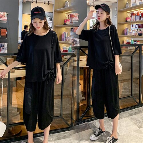 妙形M女装休闲宽松两件套2021年夏季T恤配休闲拼接裤子显瘦，女装套装/套裙，妙形