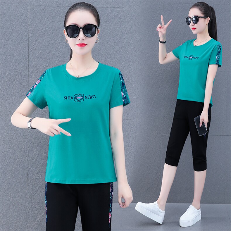 短袖纯棉运动套装女夏季2023新款广场舞跳舞中年妈妈休闲服两件套,女装运动套装,燕颉服饰