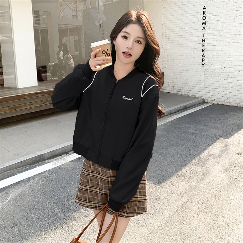 美式棒球服外套女春秋通勤短款撞色拼接复古夹克刺绣宽松休闲上衣,女装短外套,鑫慧