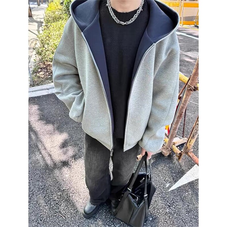 抖音得物高品质二开26春装美式重磅宽松结构双面连帽卫衣外套W68,女装短外套,电商A486-1