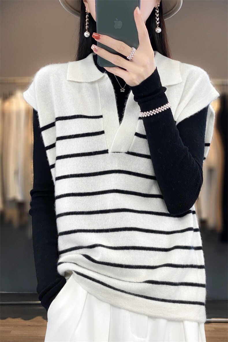 时尚条纹毛衣女V领无袖针织衫修身显瘦百搭气质外套,女装马甲,琳华羊绒