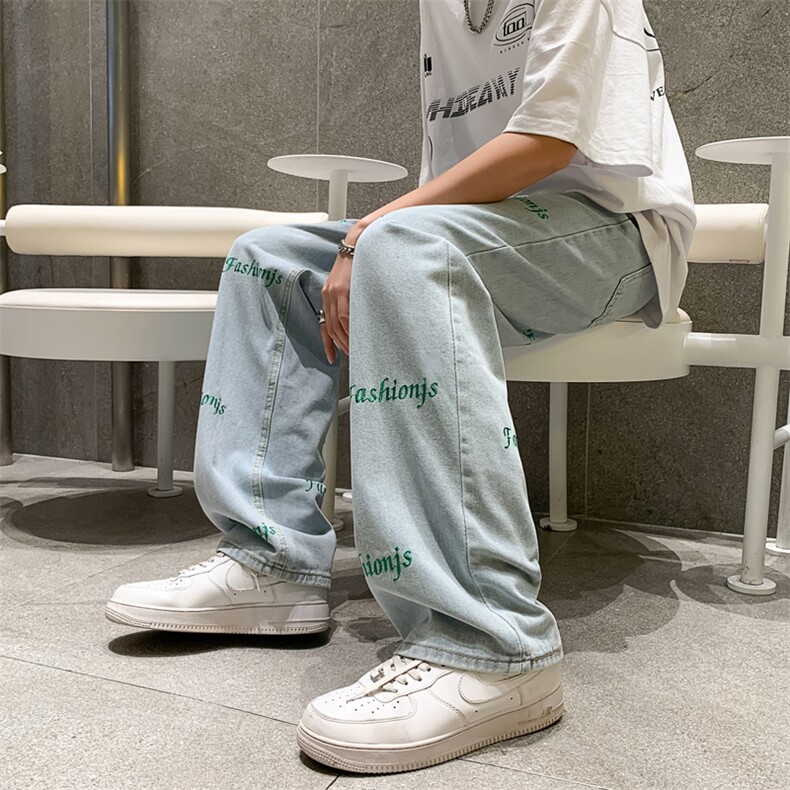 高街牛仔裤男女直筒宽松炸街刺绣阔腿显瘦拖地长裤子N02012-P43,男装牛仔裤,星座308B-1
