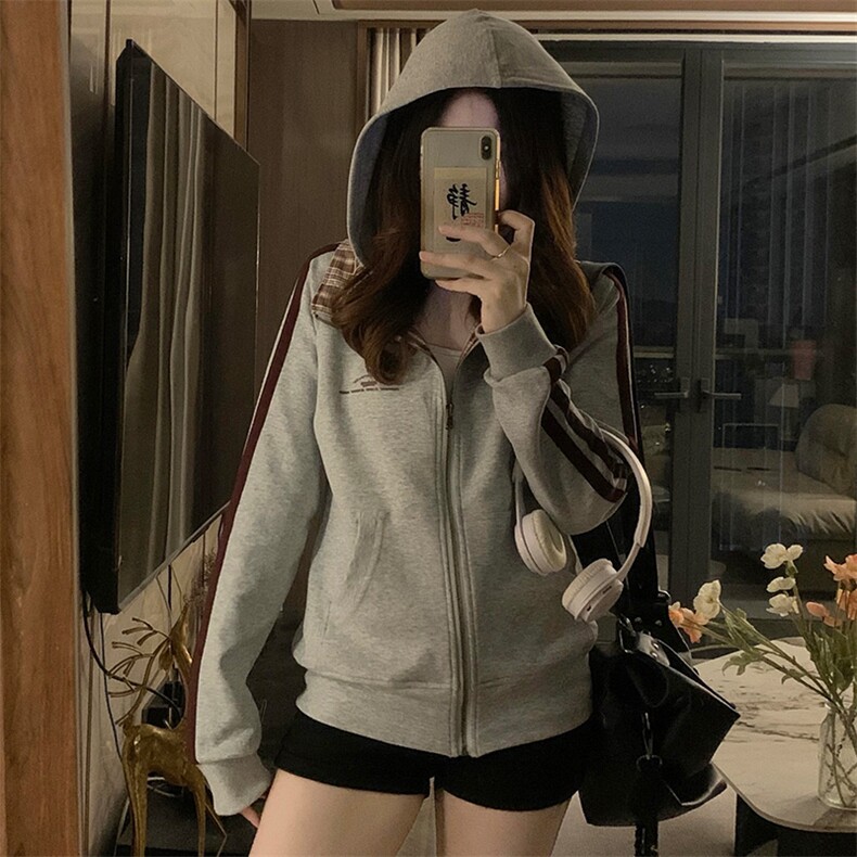 A407-P92美式复古开衫格子卫衣帽秋季薄款显瘦运动正肩外套,女装短外套,星座911