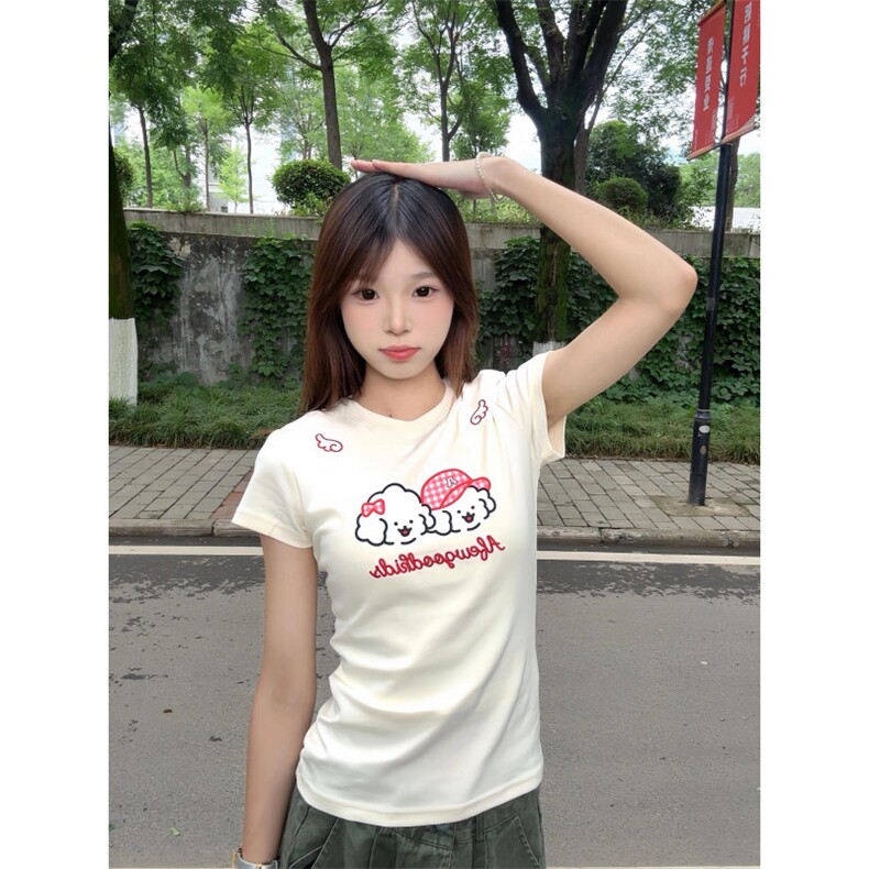H0997-P35成品刺绣+印花包边拉肩修身正肩短袖T恤,女装T恤,星座617A-2