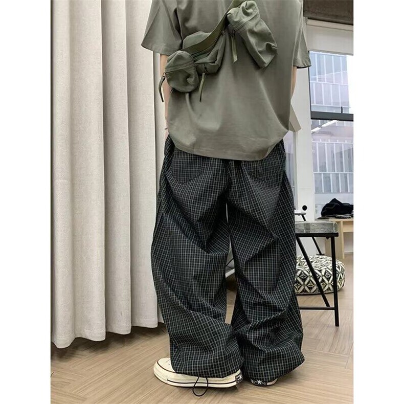 网图现货美式宽松灰色格子阔腿休闲裤男K0056/P48,男装休闲裤,星座205-3