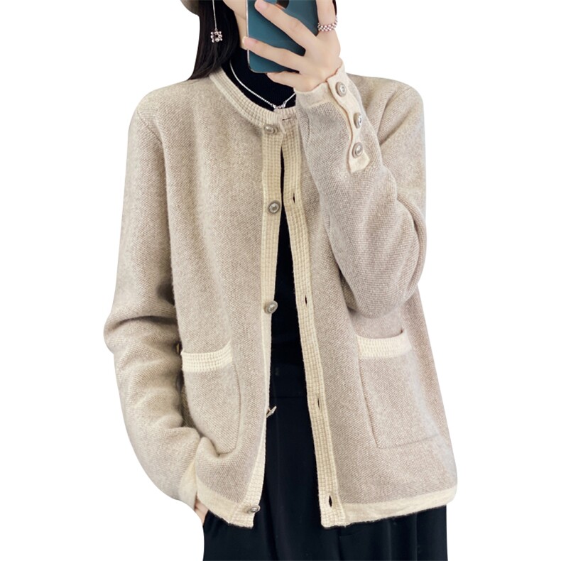 24秋冬新款小香风拼色100%纯羊毛开衫女带兜羊毛衫宽松针织衫外套,女装羊毛衫,端硕羊绒