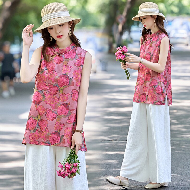 素木时尚印花中长款背心女夏季新款宽松上衣2025年新中式大码女装，女装衬衫，芭米依尚