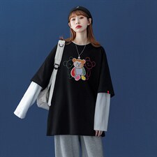 中性秋季潮流卡通印花全棉百搭假两件长袖T恤T152P35控48，男装T恤，A247A
