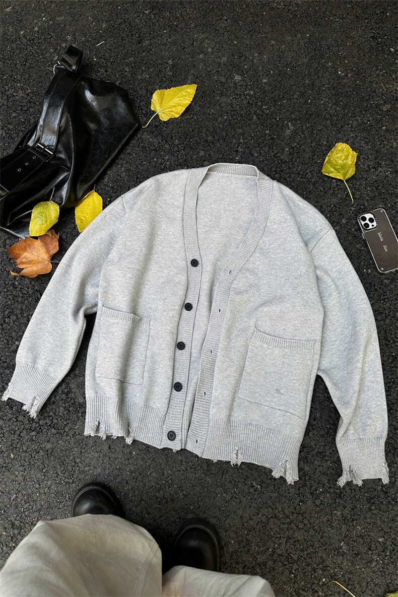 港风男装24秋季破洞做旧针织衫开衫宽松冬装V领毛衣外套S363特P68,男装针织衫/毛衣,电商A233-1