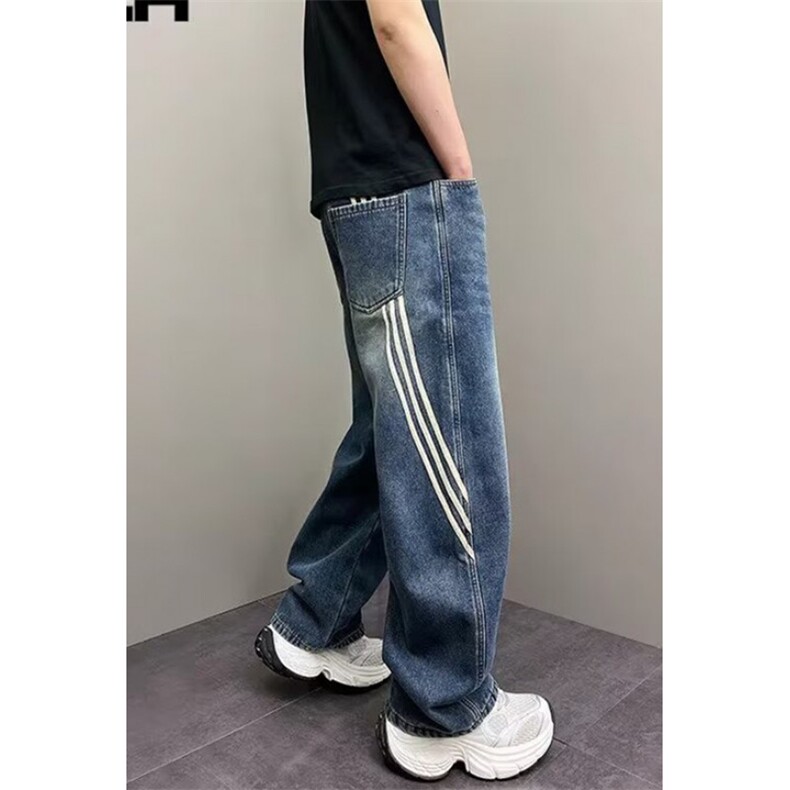 水洗条纹拼接弯刀牛仔裤男ins潮牌宽松阔腿裤高街长裤子NB833,男装牛仔裤,星座1116A（原606A-3）