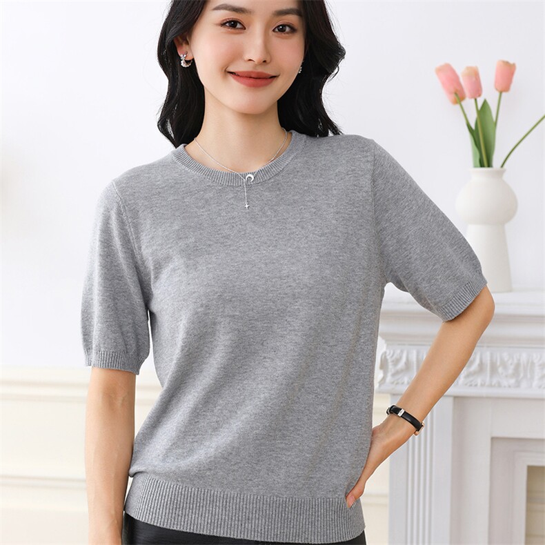100%纯棉针织短袖女士2025夏季新款全面吸汗T恤圆领套头体恤上衣,女装T恤,伊绒腾羊绒