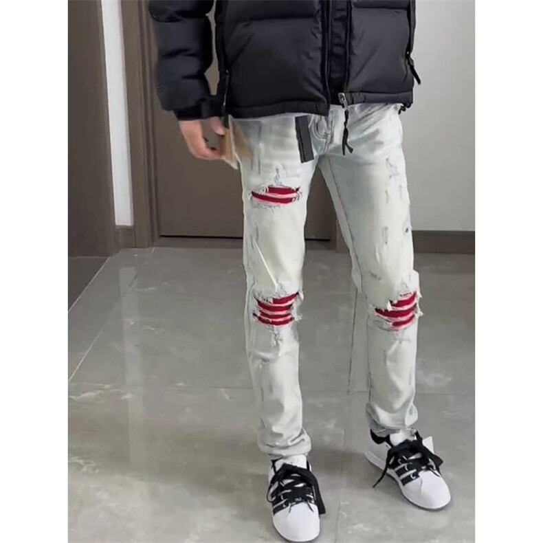 欧美高街潮牌牛仔裤破洞红色补丁修身男女长裤子HT1153p38,男装牛仔裤,星座1112-1