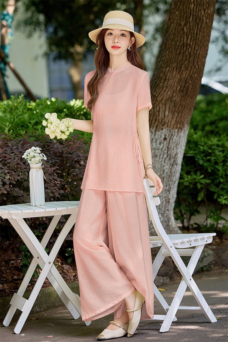 洋气粉色新中式套装女2026夏季薄款立领盘扣上衣显瘦阔腿裤两件套,女装套装/套裙,水衣源