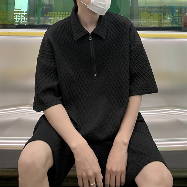 特批P60无差价夏季不规则提花肌理polo衫半拉链男潮两件套TZ5142图片