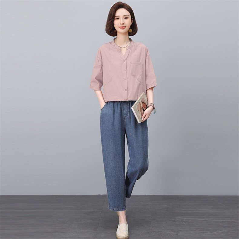 时尚休闲套装女夏2025新款中年妈妈宽松减龄短袖衬衫牛仔裤两件套,女装套装/套裙,悦见她