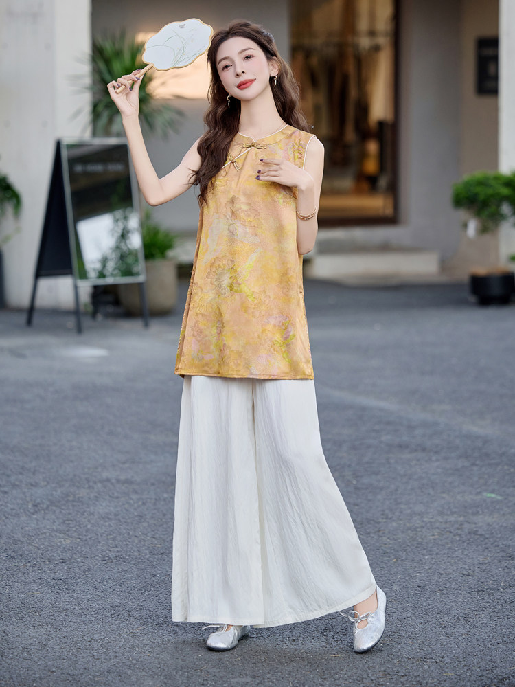 阔腿裤套装女夏新款高级感小个子新G潮时尚盘扣印花上衣两件套,女装套装/套裙,意芙