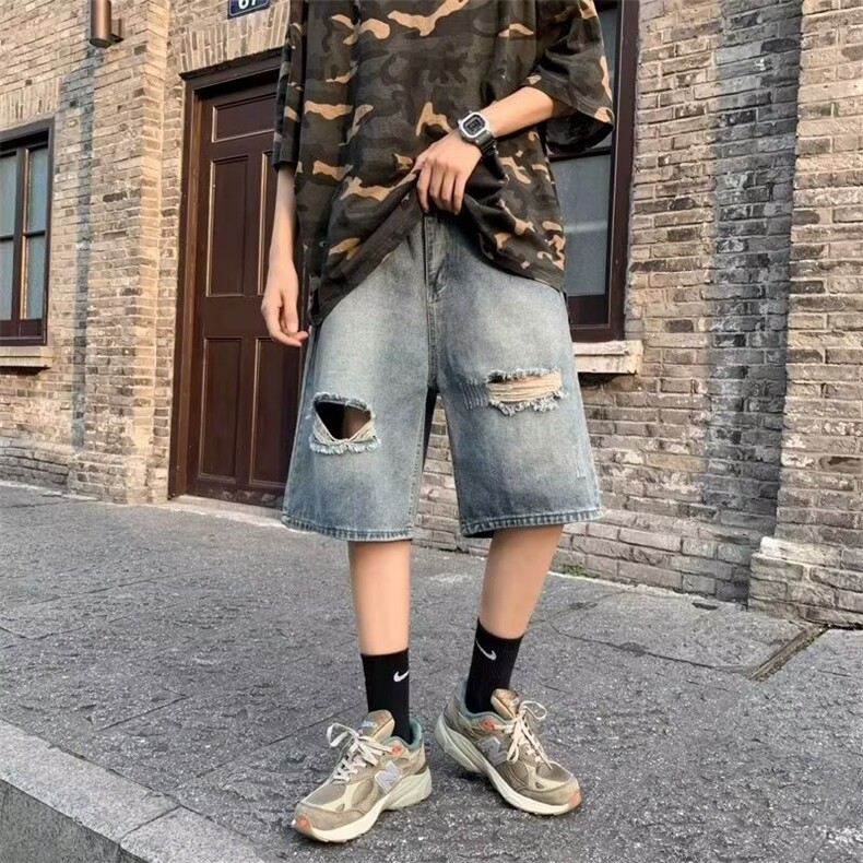 潮牌牛仔短裤男士2026夏季新款美式复古破洞设计感水洗高街五分裤,男装牛仔裤,星座601-2