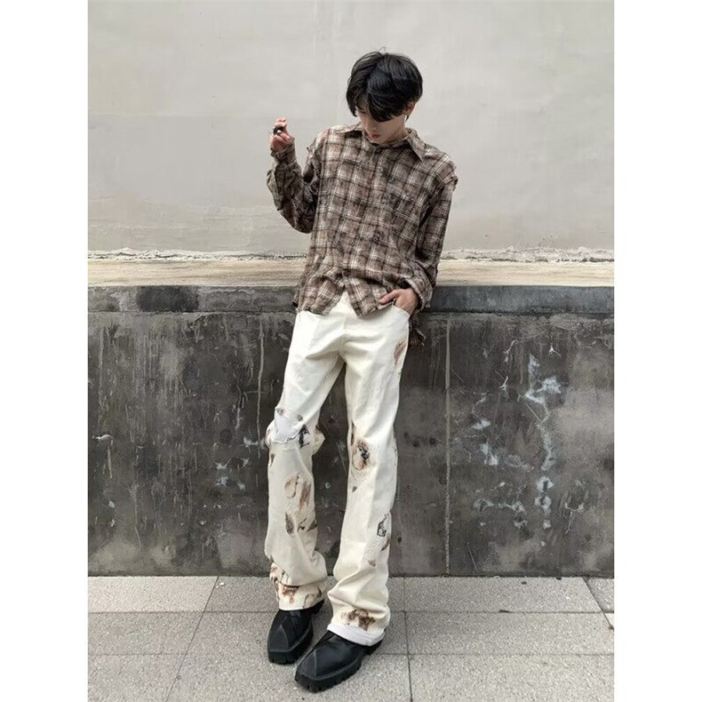网络图现货新款美式火焰蕾丝宽松牛仔裤男女夏季拖地裤RB07-60,男装牛仔裤,星座1005-4