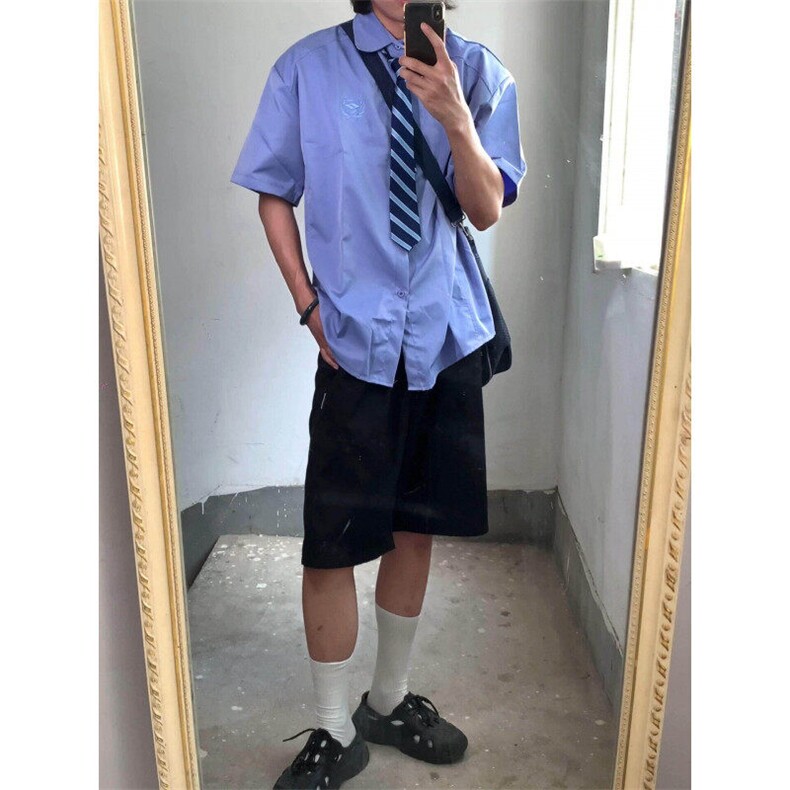 CS22-P45夏季新款简约学院风短袖衬衫潮流宽松休闲百搭衬衣,男装T恤,电商B327