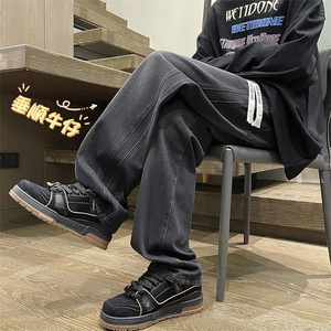 美式街头做旧抽绳松紧腰牛仔裤潮牌宽松直筒百搭长裤K860特批40图片