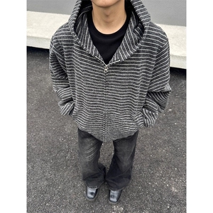 美式复古条纹连帽卫衣男款秋季高级感慵懒风开衫情侣外套WY66图片