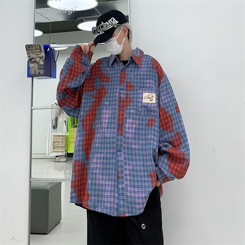 新款扎染格子宽松衬衫撞色长袖衬衣1311-P45,男装衬衫,星座910-5