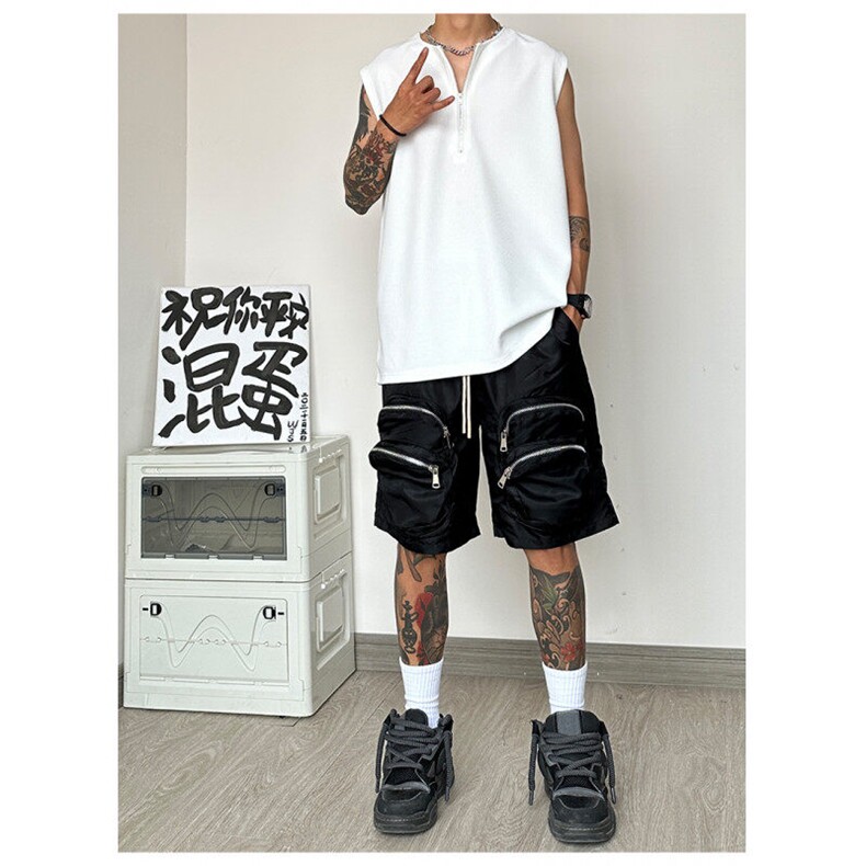 美式纯色休闲小众设计背心短袖复古华夫格拉链无袖衫BX01-P28，男装T恤，星座222-7