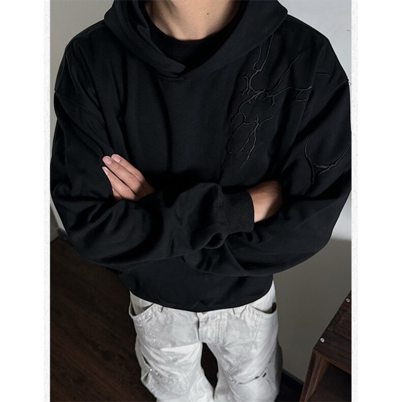 WY816-尺码M-3XL-P39-美式复古闪电刺绣连帽卫衣宽松套头上衣,男装卫衣,星座1811B