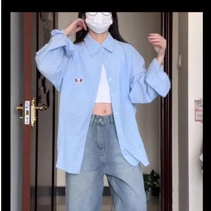 港风春款男女千鸟格衬衫腊肠狗刺绣宽松休闲衬衣CS2552P38,男装衬衫,星座1013-1