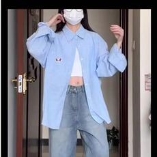 港风春款男女千鸟格衬衫腊肠狗刺绣宽松休闲衬衣CS2552P38，男装衬衫，星座1013-1
