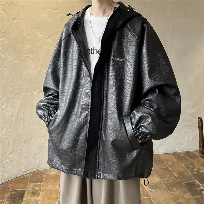 港风连帽鳄鱼纹PU皮衣大码M-5XL情侣冲锋衣夹克男JK8744P90控128,男装夹克,星座227-7